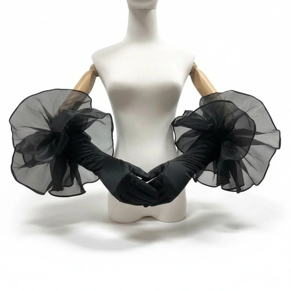 New Black Velvet Opera Evening Gloves Large Tulle Puff Vintage Style Long Formal
